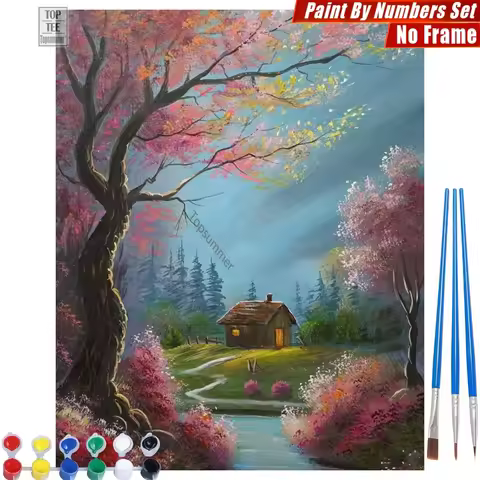 Spring Forest Cottage DIY Digital Oil Painting Kit - Dreamy Pink Flowers Home Wall Decor New Year's 