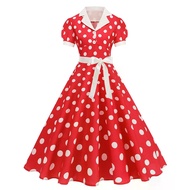 Vintage 1950s-60s Polka Dot Pleated Dress with Notched Collar and Belt - Retro Fashion