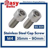 SS Socket Cap Screw M4 x 35mm ~ 90mm (Coarse Thread Pitch 0.7mm) (Stainless Steel 304 Allen Cap Bolt