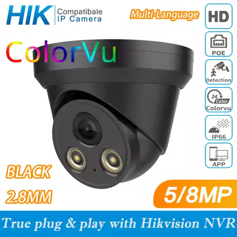 Hikvision Compatible ColorVu Black 5MP Dome POE IP Camera 8MP Home Security CCTV Camera 30m H.265 P2