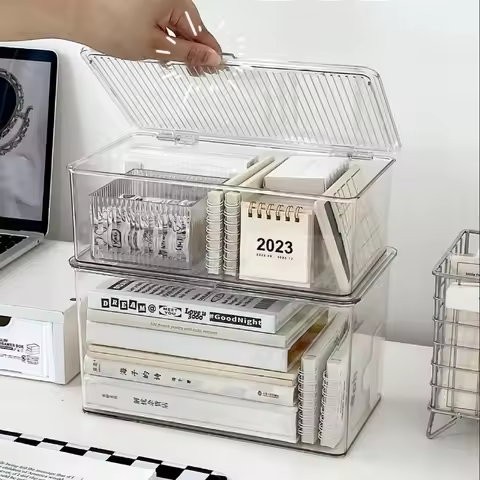 1pc Desktop Storage Box Large Capacity with Lid, Transparent Cosmetic & Office Organizer, for Office