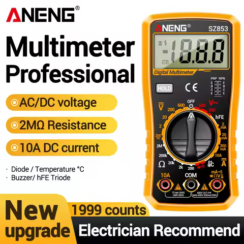 ANENG SZ853 Digital Multimeter 600V AC/DC Temp Measurement HFE Transistor Diode Buzzer Data Hold Hou