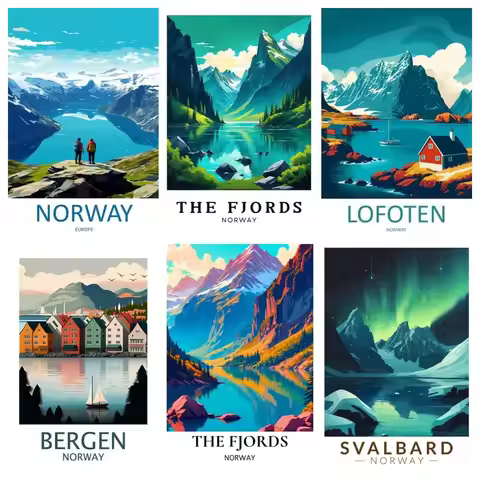 Fjords Norway Travel Poster Diamond Painting Kit Full Square Drill Semi-finished Oslo Bergen Lofoten