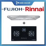 RINNAI RH-S95A-SSVR 90CM SILVER SLIMLINE HOOD + FUJIOH FH-GS5530 SVGL (LPG) / FH-GS6530 SVGL (PUB) 3 BURNER GLASS GAS HOB