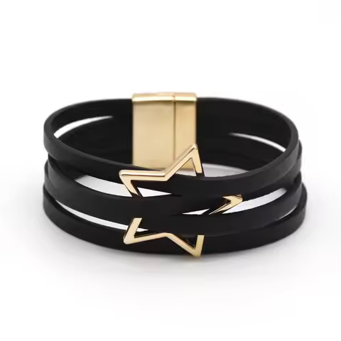 Handmade Star Pattern Imprint Hollow Charm Leather Bracelets for Women Multilayer Wrap Bracelet Bang