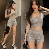 WD04 Fashion Casual Style Short-Sleeved Suit U-Neck Fitted Short Top+High-Waisted Shorts Threaded Br