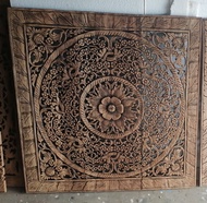 Wood Carving Panel 90 x 90 cm ฺBrown Wash Lotus Wooden Plaque Wall Art Hanging Mandala Bohemian Wood