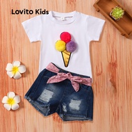 Lovito Kids Casual Shorts Sets Pom Pom Bow Good Texture Spring/summer White Shorts Sets for Girl LNL