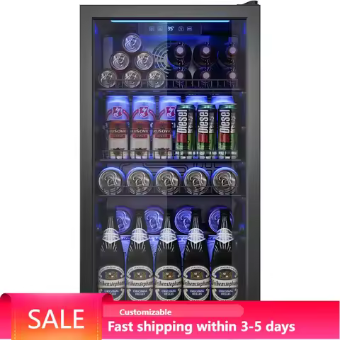 Beverage Fridge, 130 Can Mini Fridge With Glass Door, Cooler Refrigerator, Wine Drink Beer Cooler, A