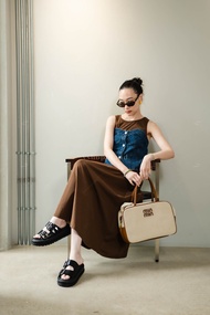 พร้อมส่ง Set เสื้อแขนกุดแต่งเกาะอกยีนส์ + กป.ยาวผ้ายืด งานป้าย Vshopbrand