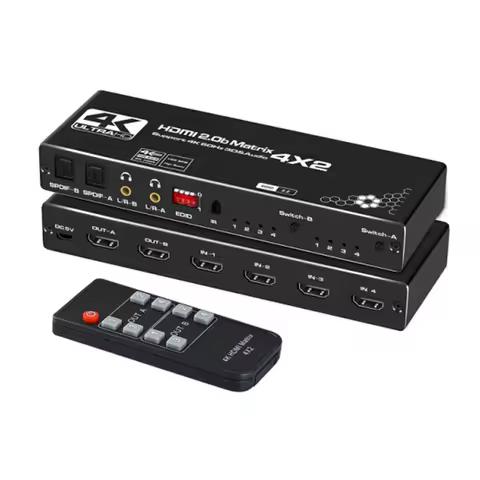 4x2 Video Adapter HDMI Switcher 4 in 2 Out 6 Port 4K HDMI Matrix Switch With Remote Premium 4K@60Hz 