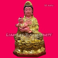patung dewi kwan im / kuan yin gendong bayi anak kayu 10"