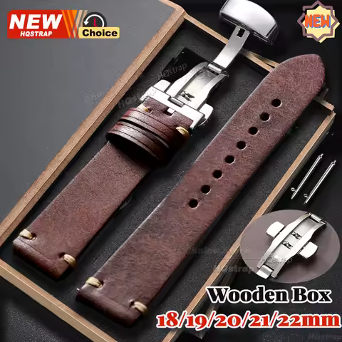 Butterfly Clasp Wooden Box Watch Band 18mm 19mm 20mm 21mm 22mm for Samsung Smartwatch Leather Strap 