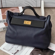 Hermes/愛馬仕2424大號 午夜藍拼黑 金扣 手提包 D刻 35cm