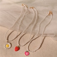 Retro Imitation Pearl Beaded Flower Necklace Girly Style Simple All-Match Fruit Strawberry Peach Nec