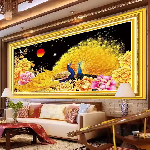 DIY Printed 5D three-dimensional gold peacock cross stitch gold peony full embroidery Cross Stitch K