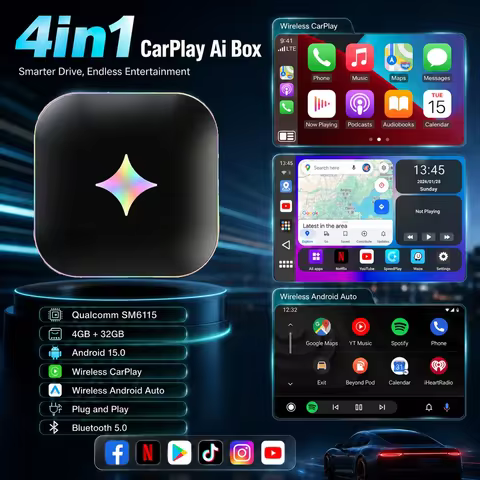 CarRocket CarPlay Ai Box Android 15 6115 Android Auto Wireless CarPlay Built-in Youtube Netflix Plug