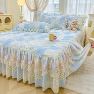 3pcs set Thickened Bed Skirt Printed Floral Bed Sheets with Lace Decor Quilted Mattress Protector Sk