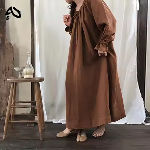 Vintage Cotton Linen Mori Dress Women's Casual Medieval Long Sleeve Maxi Dresses Mori Girl Large Ruf
