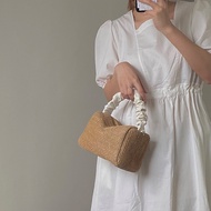 [SG SELLER] Korean Pleated Chain Storage Cosmetic Bag Straw Woven Messenger Shoulder HandBag Small S
