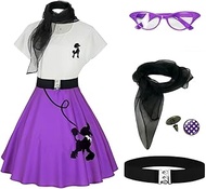 1950s Poodle Skirts Sock hop Outfits Women 50s Poodle Dress with Belt Glasses Earrings and Scarf, Z3