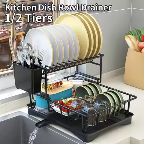 Home Furniture 1/2 Tier Dish Drying Rack Adjustable Kitchen Plates Organizer with Drainboard Over Si