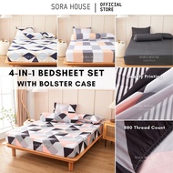 SORA Set Cadar Sarung Bantal Fitted Bedsheet Set With Pillow Case Bolster Case Single Queen King B#3