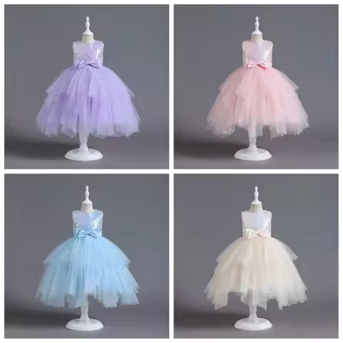 Girls Purple Sequin Tulle Dress with Bow Kids Formal Gown for Wedding Children Festival Parties Fami