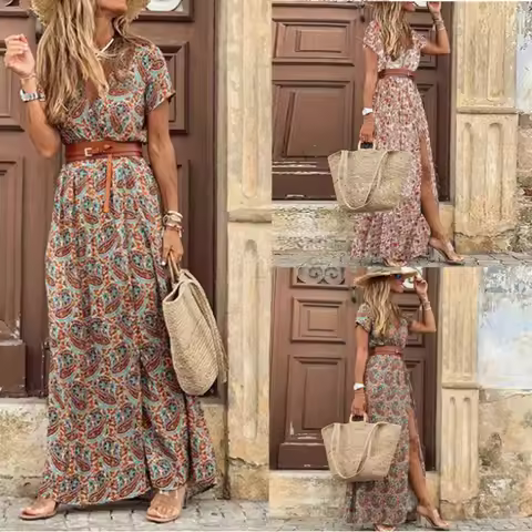 Bohemian Dress Hot Sale Women Bohemian V Neck Floral Print Dress Fashion Ladies Casual Beach Dress