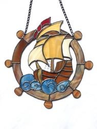 彩色玻璃帆船捕夢網海洋船舶方向盤裝飾