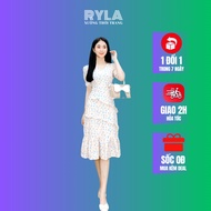 V-neck floral dress with puffed sleeves and ruffles, big size RYLA R44