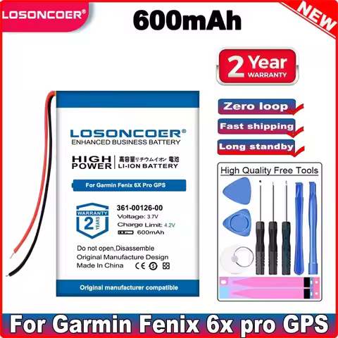 LOSONCOER 600mAh 361-00126-00 Battery For Garmin Fenix 6X Pro And Fenix 6X Solar, Tactix Delta,Watch