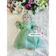 Malika Gamis - Baju Gamis Bayi Anak Perempuan Muslimah Tile Mutiara Premium Kombinasi Organza Organdi Plus Hijab Pashmina