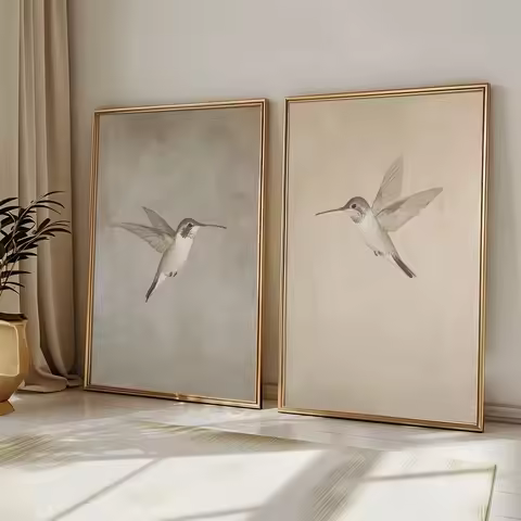 2 Pcs Frameless Retro Hummingbird Wall Art Canvas Posters Simple Retro Bird Farmhouse Decor Country 