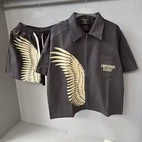 Mixed Emotion Printed Wing Blouse Trendy Set - Men's and Women's Short-Sleeved Zipper Jacket and Sho