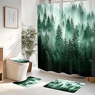 4 PCS Green Misty Shower Curtain Set 72Wx72H Pine Tree Woodland Fog Nature Bathroom Set Non-Slip Bat