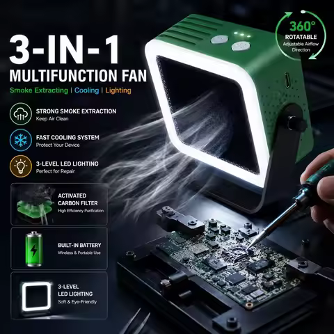 2UUL Aiolos Fan 3in1 Smoke Extractor Cooling Fan LED Light Portable Soldering Repair Fan with Carbon