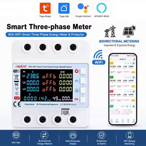 Tuya WiFi 4P 80A Three-Phase Smart Meter Timer Breaker with Auto-Reclosing, Voltage Protection for S