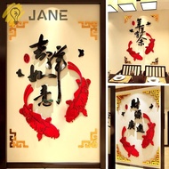 JANE Golden Frame Fish Wall Stickers, Acrylic Happiness Good Fortune  Stereo Mirror Sticker,  Chinese Style Room Entrance Acrylic Wall Stickers Home Art