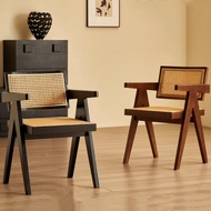 Nordic Simple Solid Wood Dining Armchair Rattan Woven Seat Home Restaurant Lounge Chair