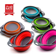 Ready Stock Multifunctional Foldable Drain Basket Round Vegetable Wash Basin Water Filter Blue Retra
