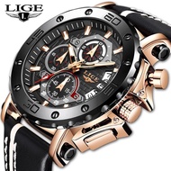 LIGE นาฬิกาผู้ชาย สปอร์ตแฟชั่นสำหรับหนังหรูหราวันที่โครโนกราฟนาฬิกากันน้ำควอตซ์นาลิกาข้อมือ + กล่อง