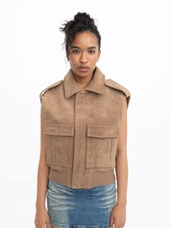 Pania Suede Leather Polo Vest in Roast Cappucino แพนญาเสื้อกั๊กโปโลหนังกลับสีโรสต์คาปูชิโน่