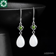 S925 Natural Silver Hetian White Jade Water Drop Earrings Art Women C4NV