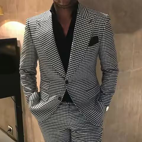 Houndstooth Men Suits Peak Lapel Blazer Wedding Tuxedo for Groom Two Buttons Prom Plaid Men Clothing