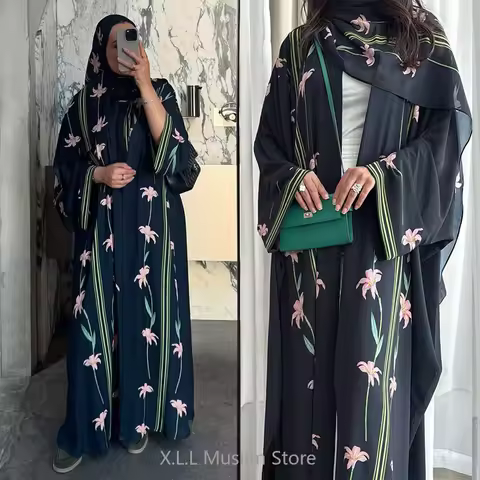 Muslim Sets Muslims Woman Clothing Modest Flowers Printed Cardigan Jilbabs 2 Piece Set Outerwear Lar