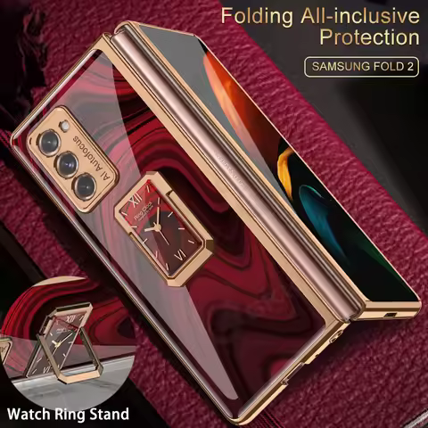 GKK Back Painted Tempered Glass Case For Samsung Galaxy Z Fold 2 Ring Holder Plating Hard Frame Cove