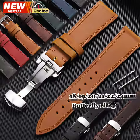 Butterfly Clasp Vintage Band 18mm 19mm 20mm 21mm 22mm 24mm Pin Bcukle Leather WatchStrap for Seiko B