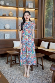 [POK PASUAY] Wildflower Dress ชุดเดรสผู้หญิง แขนล้ำ คอตั้งดีไซน์ผ้าลินินอินเดีย