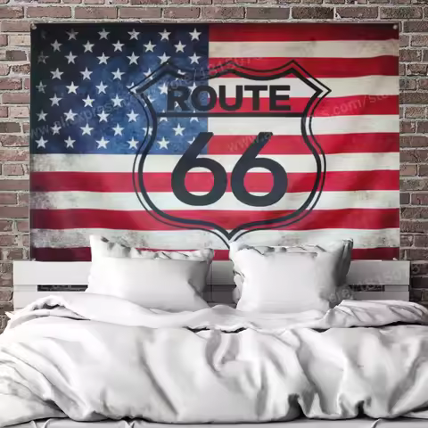 Route 66 Motorcycle Biker Rider Retro USA Flag Banner Art Home Decoration Hanging Flag 4 Gromments I